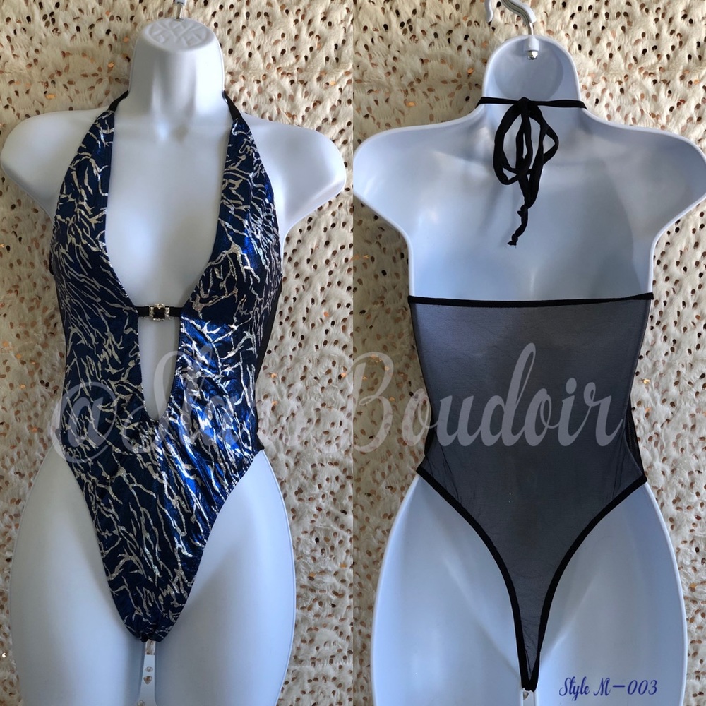 New⚡️Electric Silver/Blue💙 Foil Plunge Halter Tie Monokini w/Rhinestone Accents